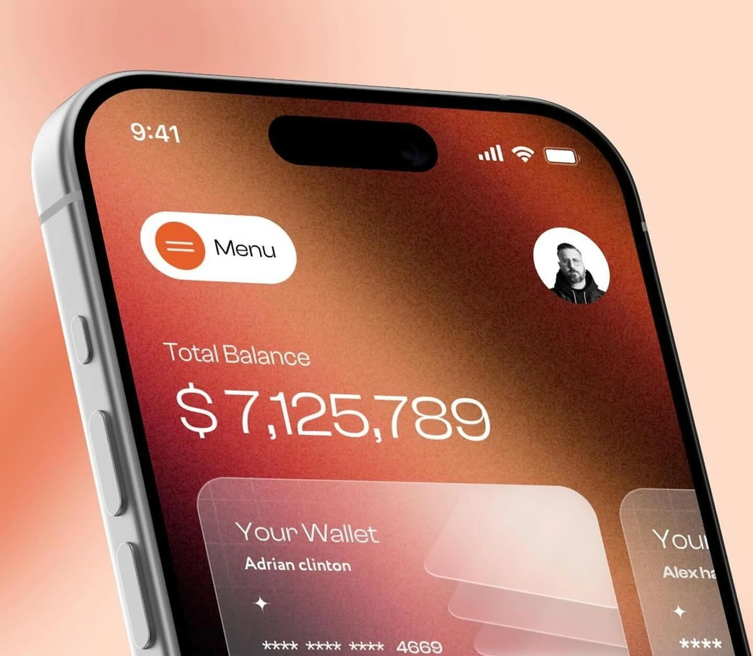 A wallet app showing a total balance on an iPhone