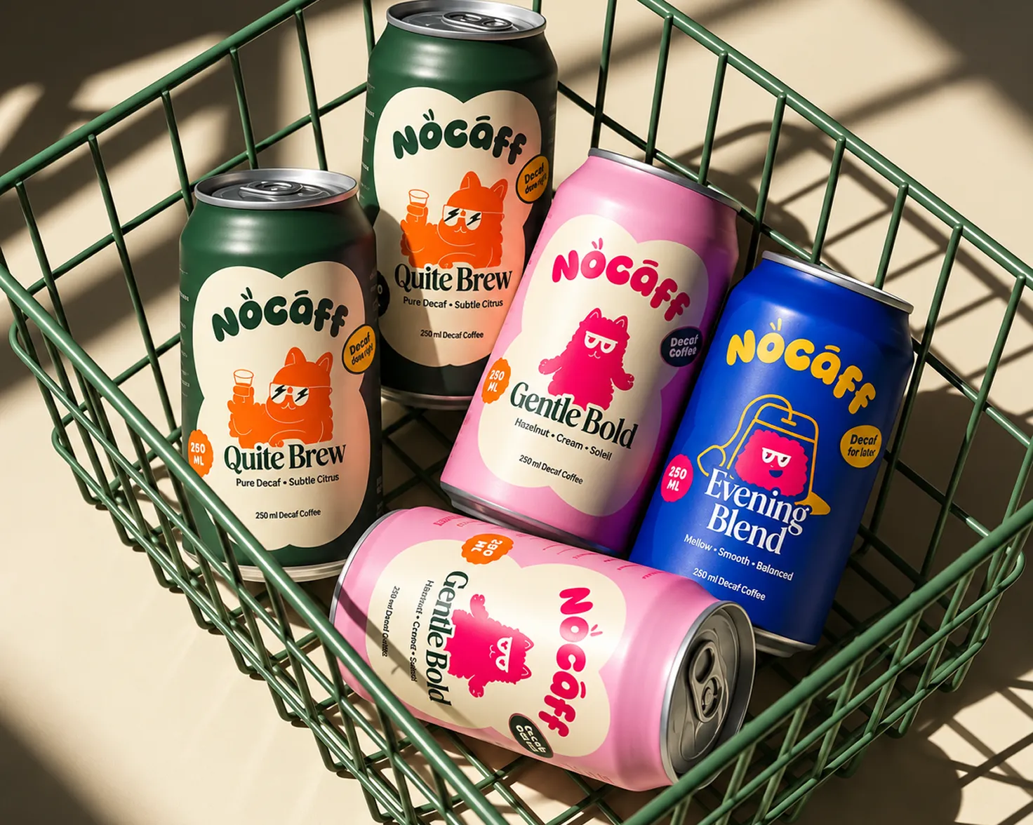Illustrated drink cans with colourful branded labels in a wire basket