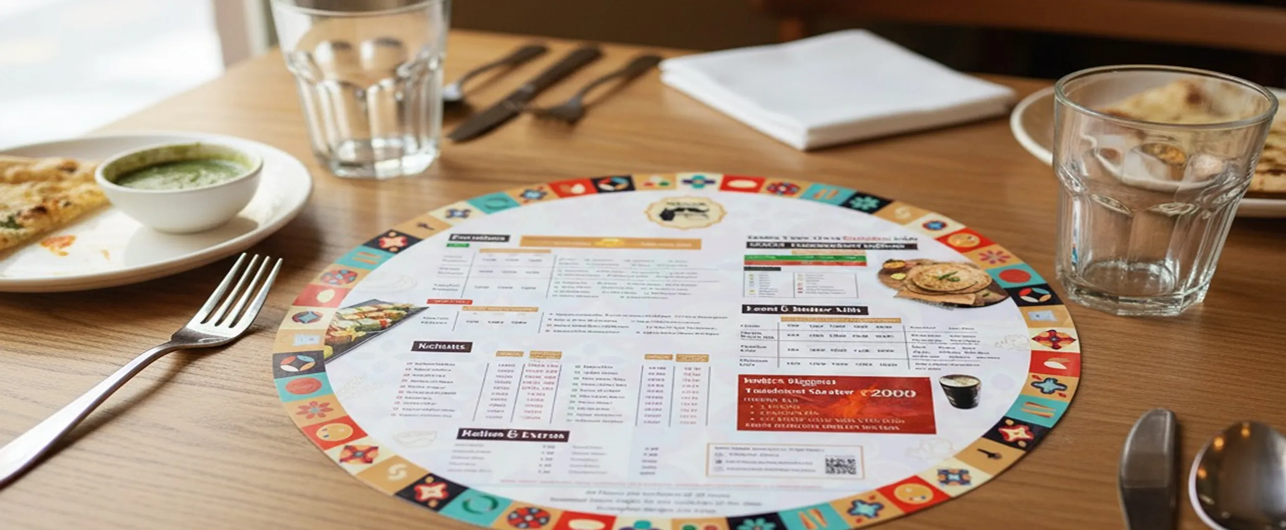 Menu placemat print design on a restaurant table
