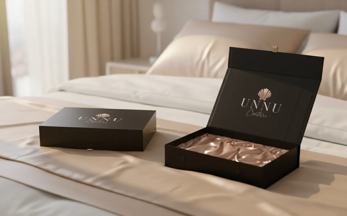 UNNU Couture gift box packaging, opened on a bed