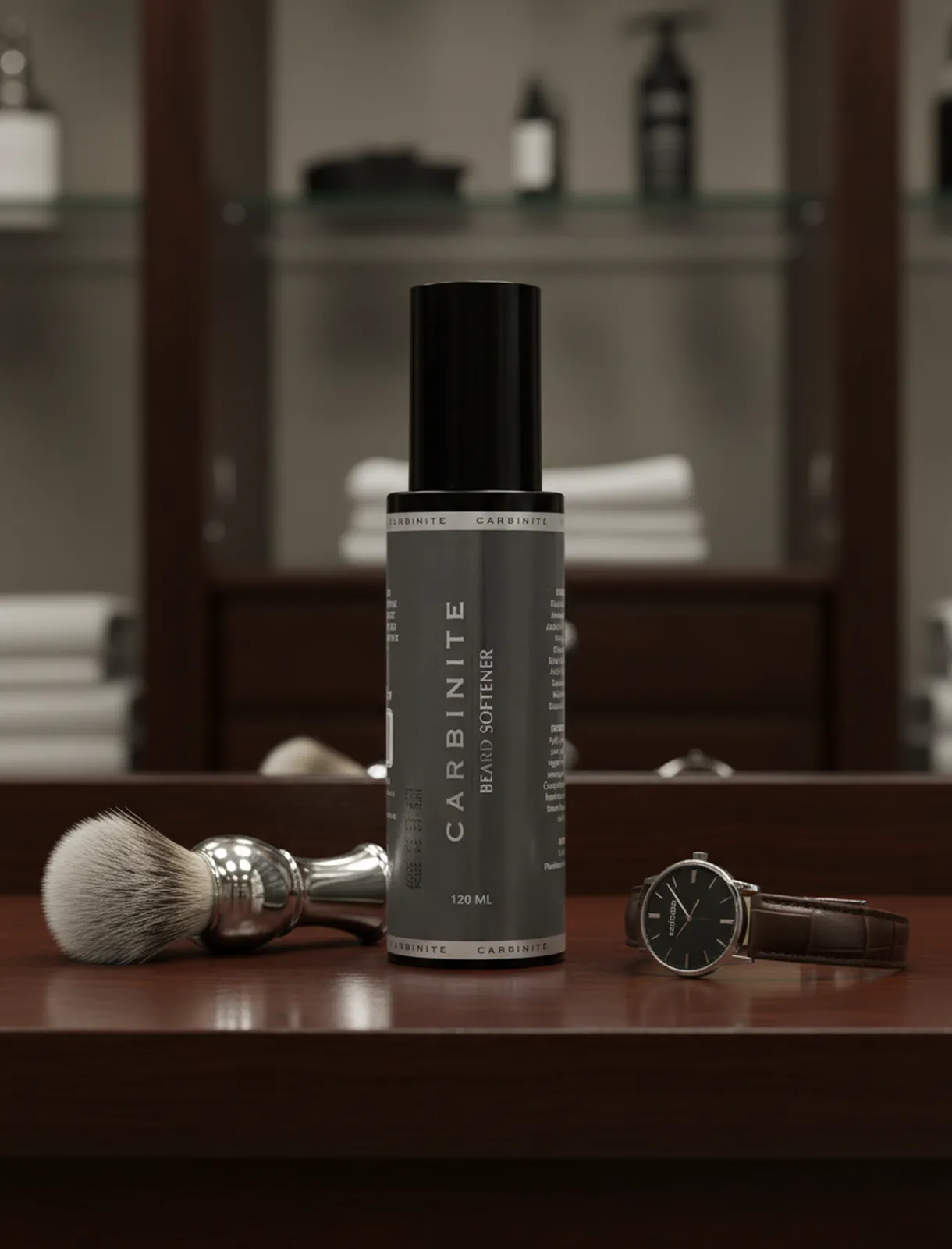 Carbinite grooming bottle on a dark wooden shelf