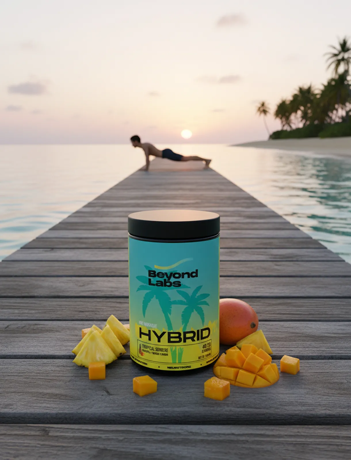 Beyond Labs Hybrid supplement tub on a jetty at sunset