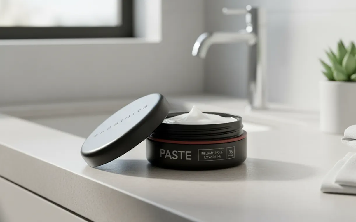 Styling-paste jar label on a bathroom counter