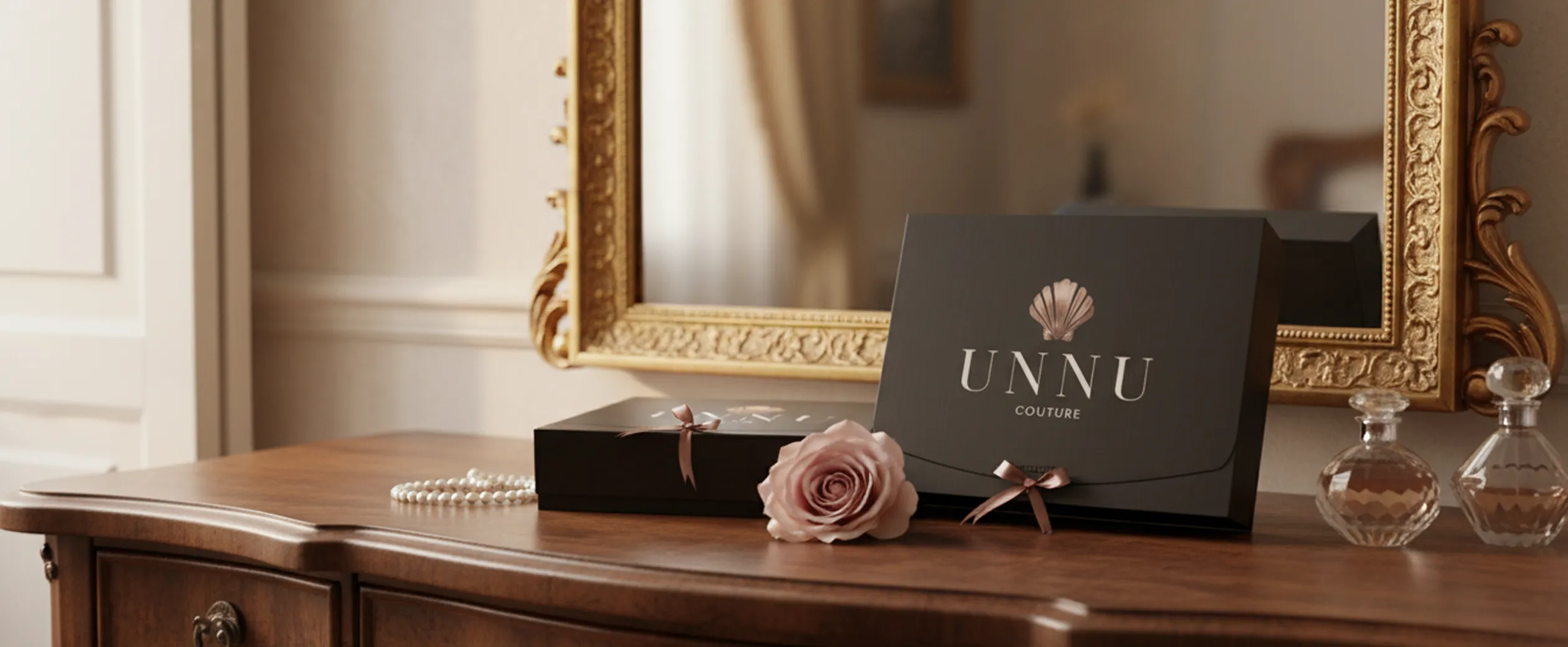 UNNU Couture boxes on a dressing table beside a mirror