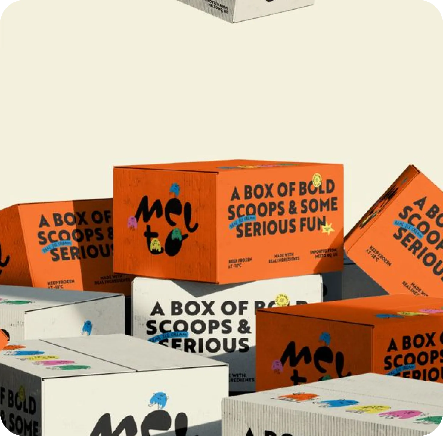 Stacks of branded ice-cream boxes printed in orange and white