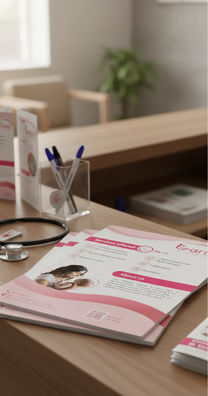 Hospital brochure print design on a reception desk