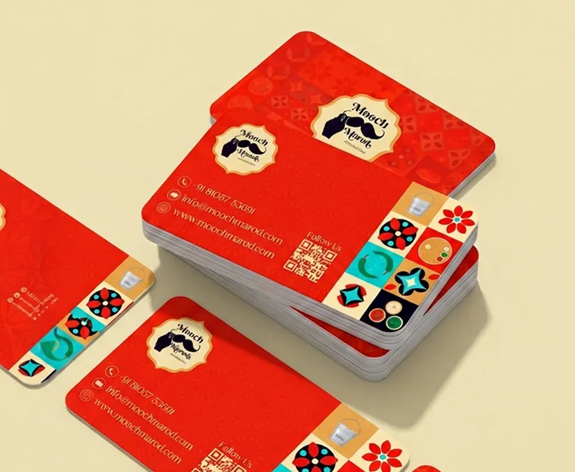 Red illustrated business cards fanned out