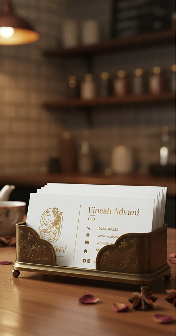 Vinesh Advani business card in a brass desk holder