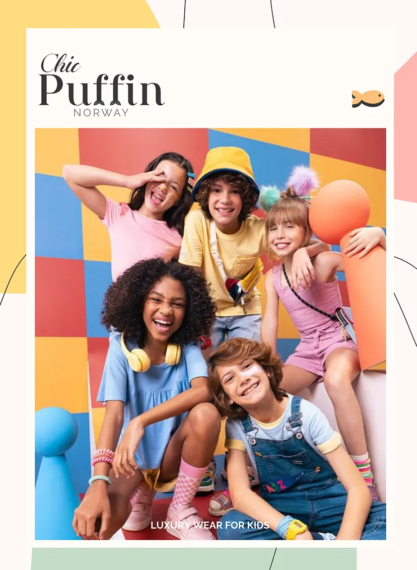Chic Puffin Norway poster with children in bright clothing