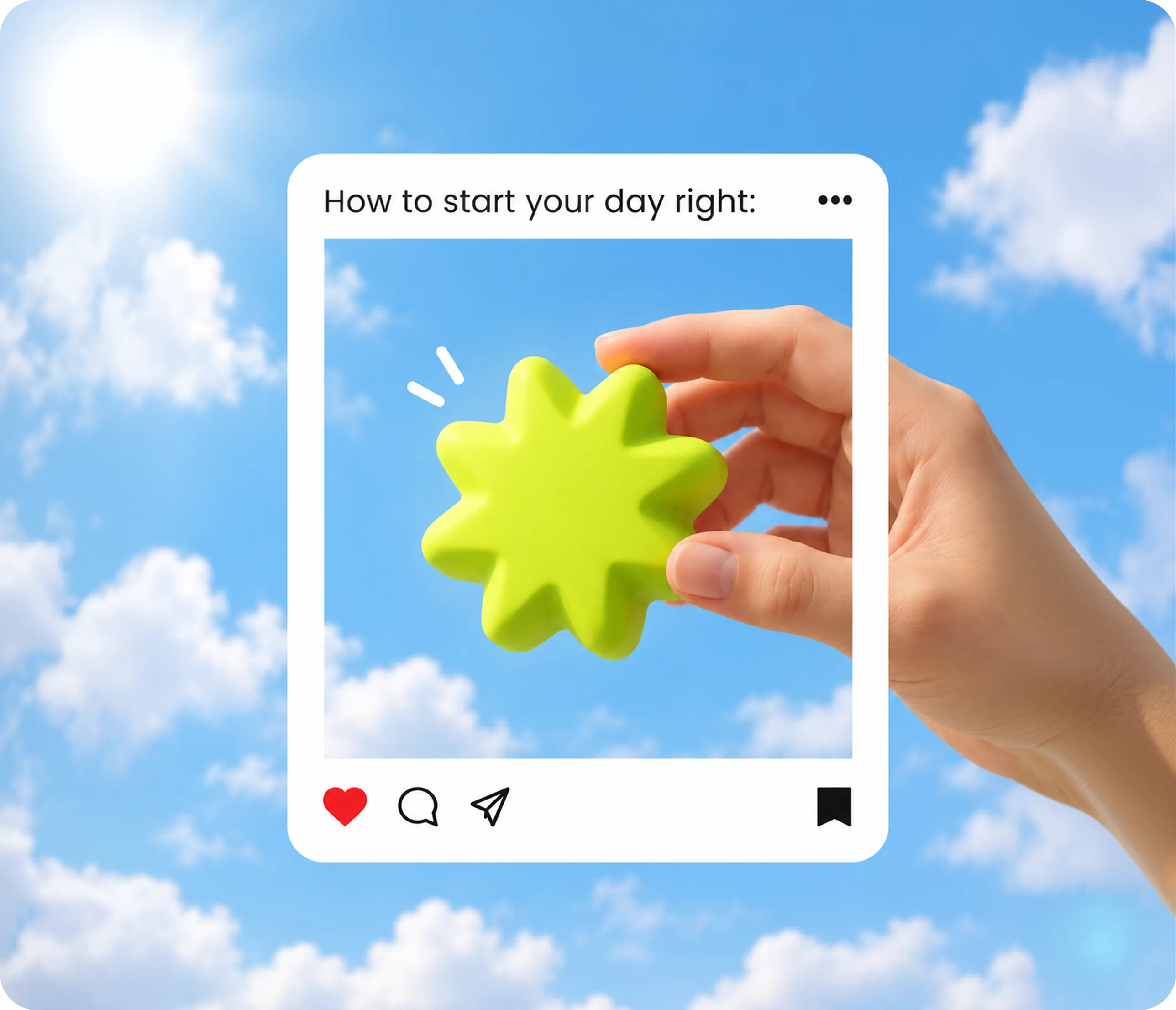 Hand placing a lime star into an Instagram post frame against a blue sky