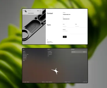 Website screens shown over a blurred green plant