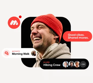 A social activity app interface around a smiling man in a red beanie