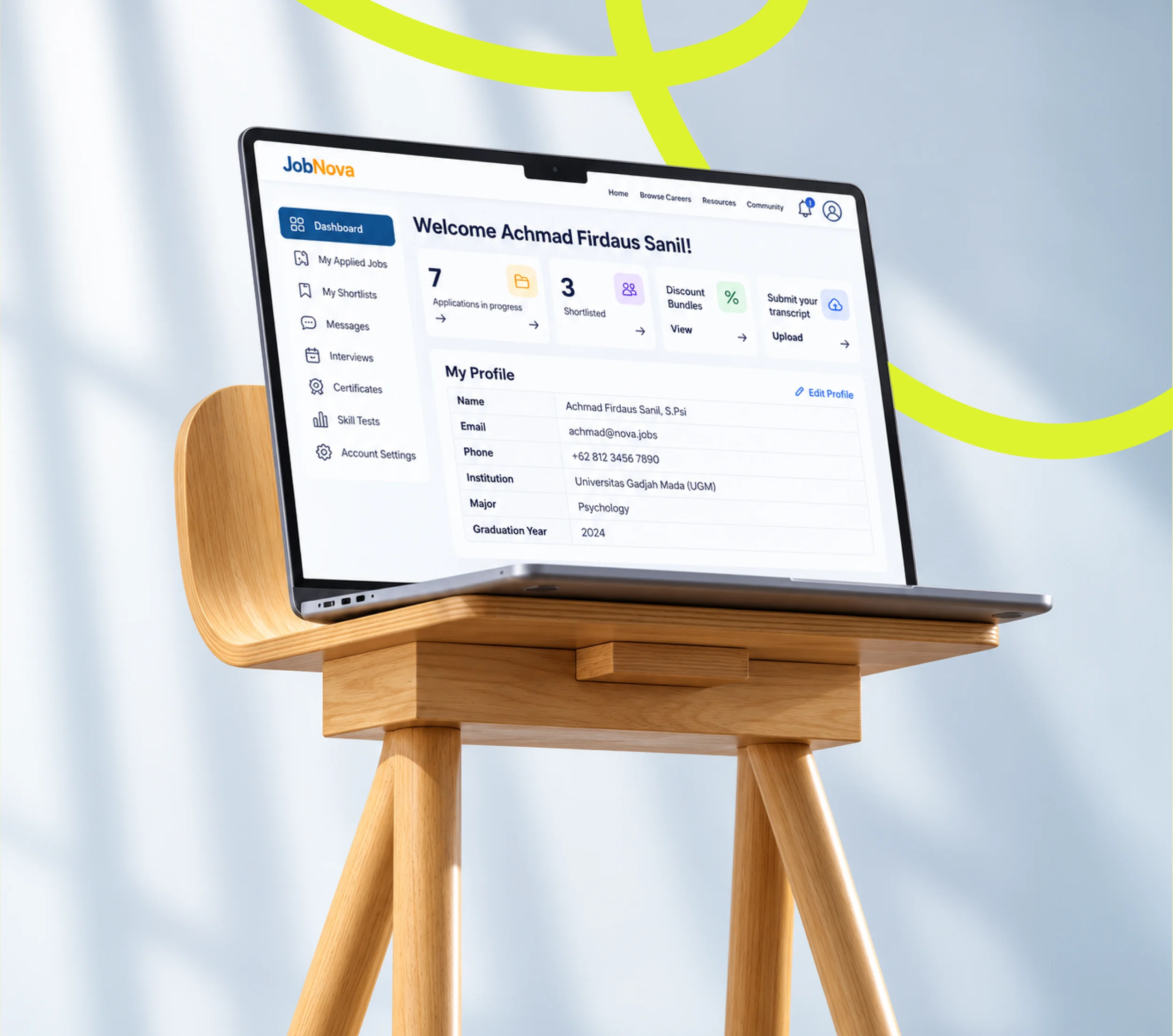 A job platform dashboard on a laptop