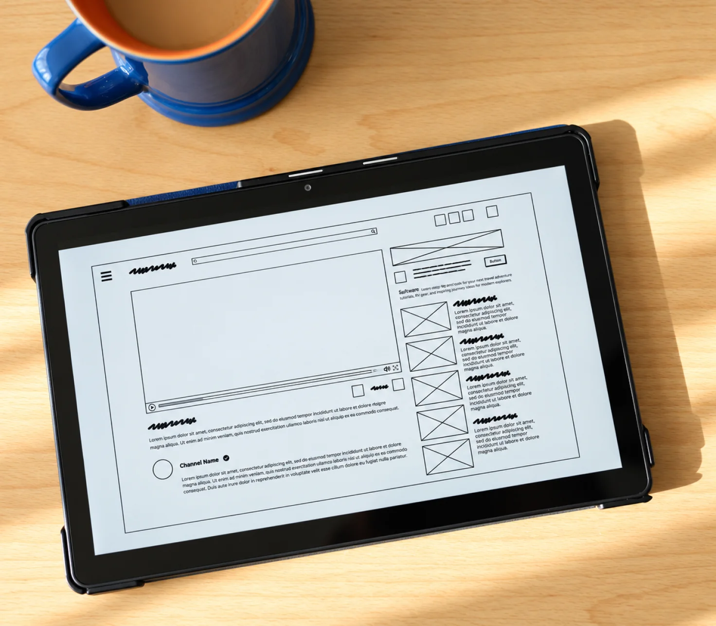 A wireframe on a tablet on a wooden desk