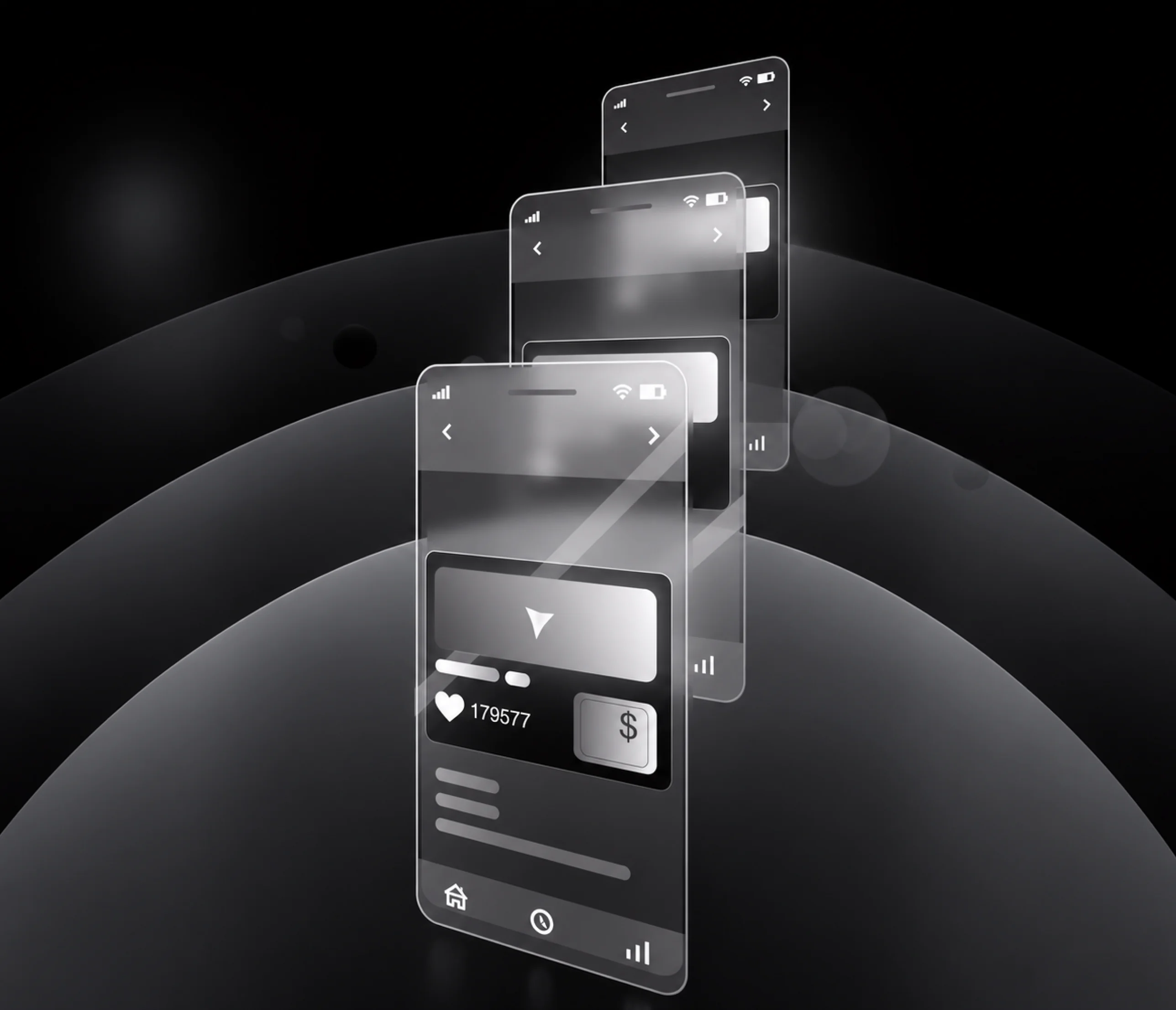 Phone wireframes layered in 3D