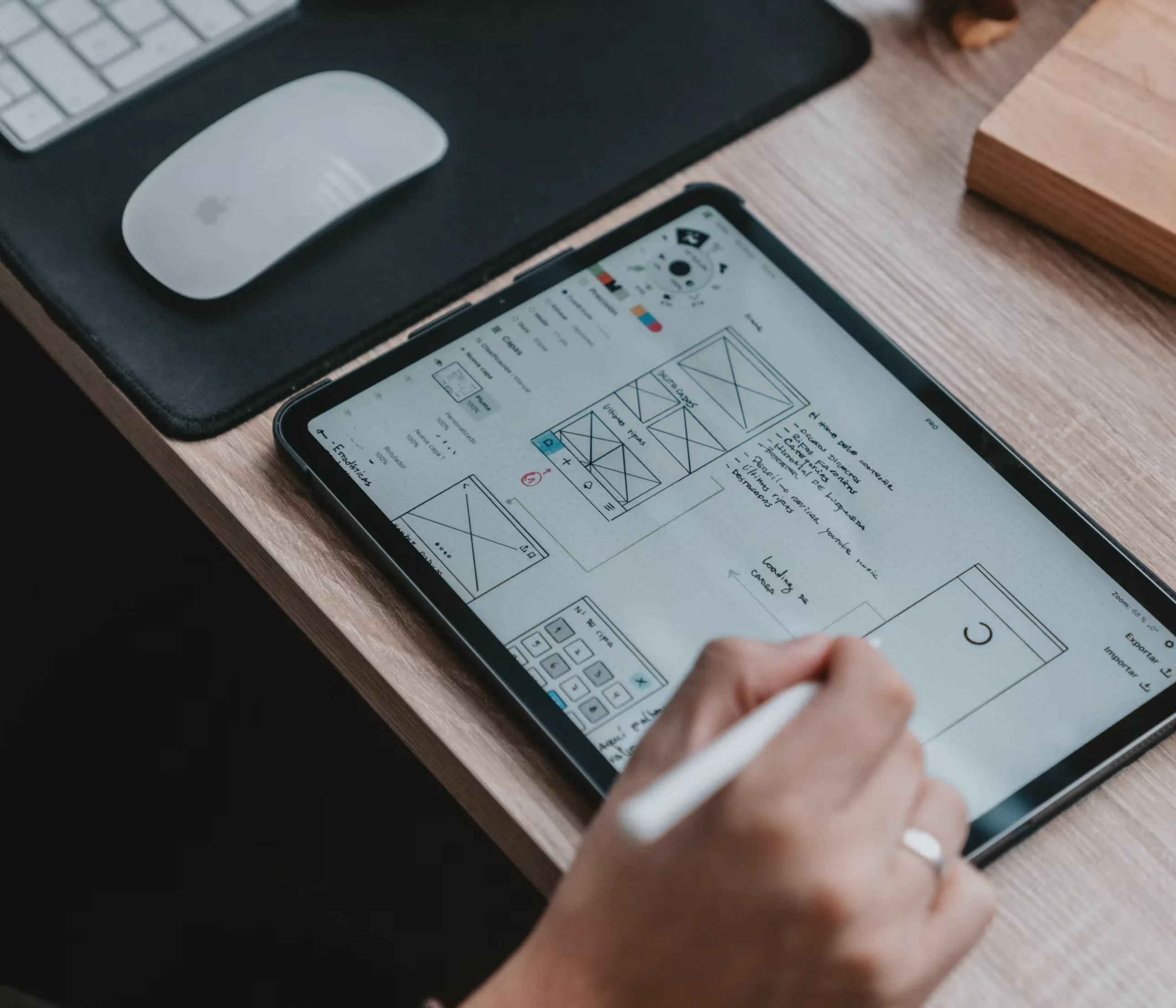 A web application wireframe on a tablet beside a mouse