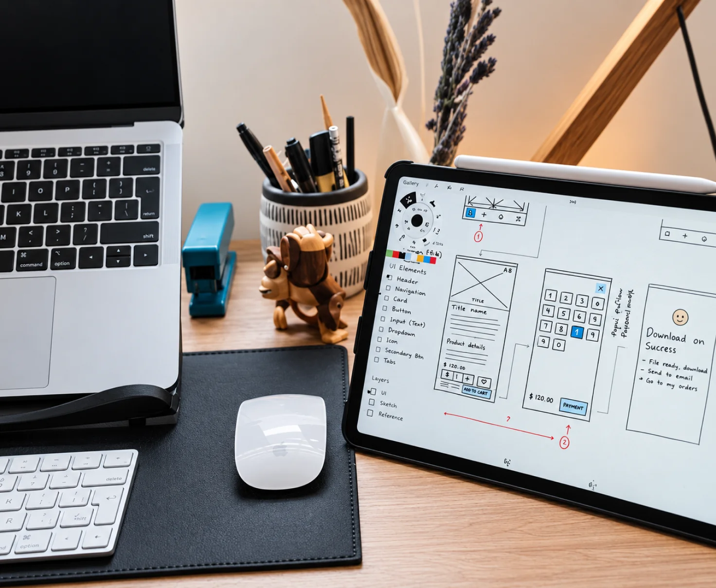 Wireframes on a tablet on a desk
