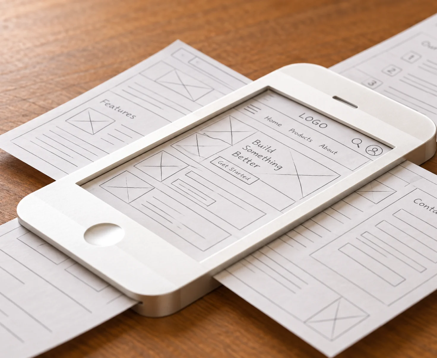 A paper phone wireframe on a wooden table